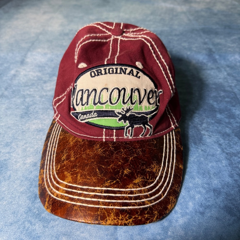 Y2K Vancouver Canada Moose Distressed Faux Leather Brim Baseball Cap Hat - Picture 1 of 6
